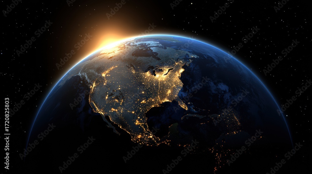 Obraz premium The sun rises over North America as city lights glow on the dark side of Earth, seen from space against a backdrop of stars