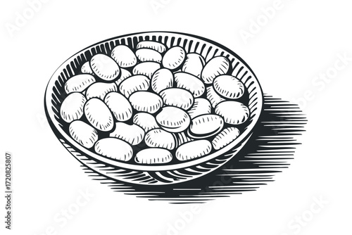 Bowl overflowing with white beans. Vector hand drawn illustration