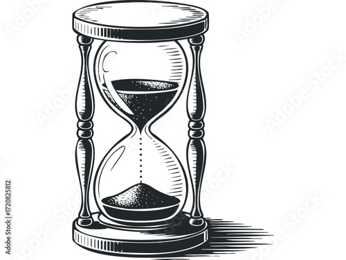 Antique hourglass with sand flowing downwards. Vector hand drawn illustration