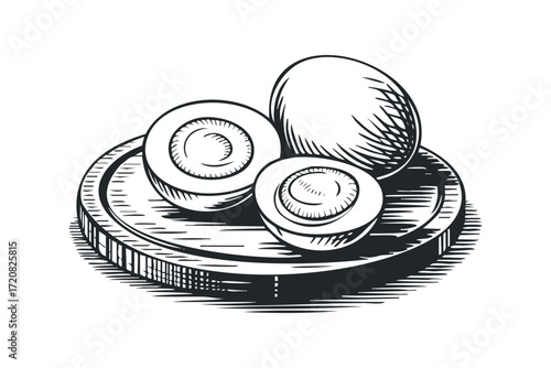 Whole and halved boiled eggs on cutting board. Vector hand drawn illustration