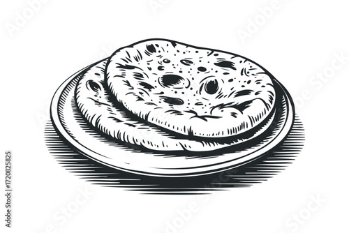 Woodcut Style Bread on Plate. Vector hand drawn illustration