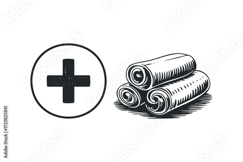 Cross symbol with medical treatment rolls. Vector hand drawn illustration