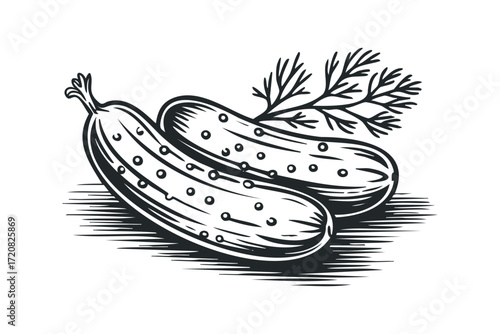 Two Cucumbers with Dill Sprig. Vector hand drawn illustration