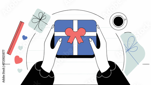 Woman hands holding blue gift box with red ribbon, surrounded by coffee and hearts in flat style