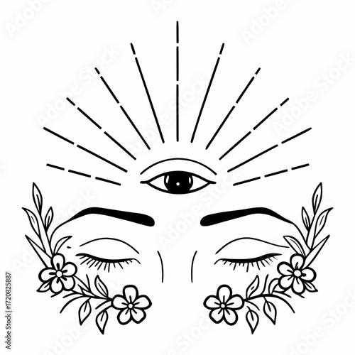Third eye above feminine brow with floral aura, mystical and spiritual line art design