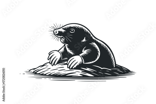 Black mole animal emerging from dirt mound. Vector hand drawn illustration