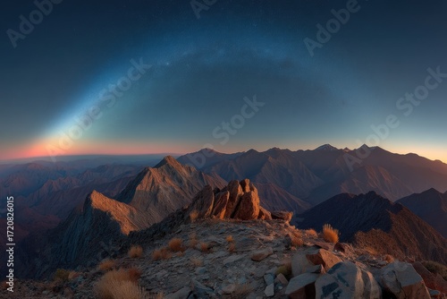 A stunning mountain landscape at dawn with rocky peaks, dry vegetation, and a faint arc of the Milky Way in a clear twilight sky