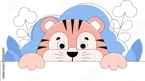 Cute cartoon tiger peeking over blank sign with playful expression, surrounded by blue foliage and abstract shapes