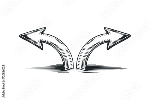 Diverging Arrows Pointing in Opposite Directions. Vector hand drawn illustration