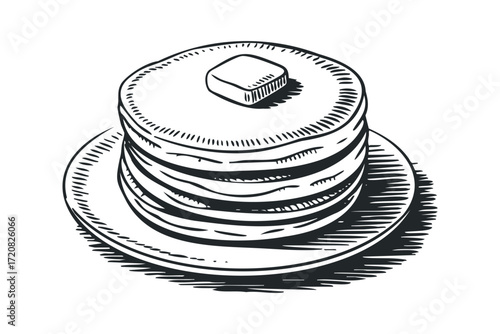 Stack of pancakes with butter on plate. Vector hand drawn illustration
