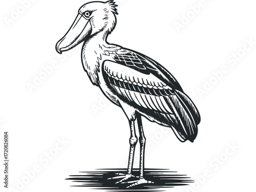 Shoebill stork standing with long beak and legs. Vector hand drawn illustration