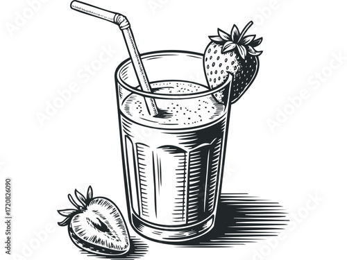 Strawberry smoothie in a glass with fresh fruit. Vector hand drawn illustration