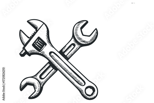 Crossed Adjustable Wrench and Combination Wrench. Vector hand drawn illustration