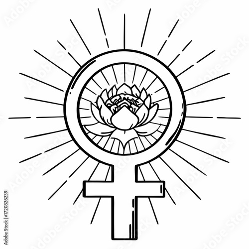 Radiating venus symbol with blooming lotus flower center, symbolizing feminine energy and spiritual awakening