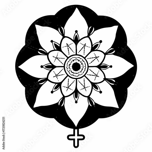 Venus symbol morphing into moonflower, sacred geometry, mandala style, feminine energy, spiritual design