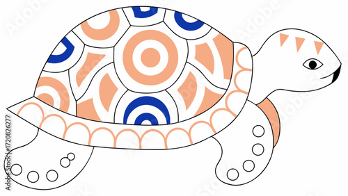 Colorful tribal turtle illustration with geometric pattern, orange and blue accents, and transparency background
