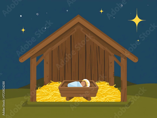 Peaceful nativity scene with baby Jesus sleeping soundly in a manger on a bed of hay under a starry night sky, evoking hope and a sacred Christmas moment.