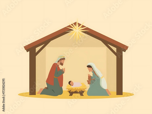 Peaceful Nativity scene depicting the birth of Jesus with Mary and Joseph adoring the infant in a stable under the guiding star, conveying hope and divine love for holiday celebrations