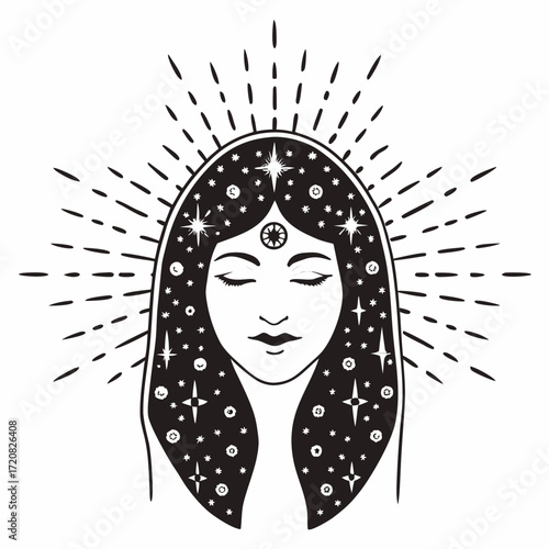 Mystical woman face with cosmic hair, closed eyes, and radiant aura in spiritual celestial style
