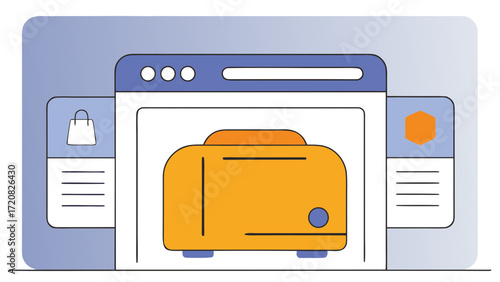 Yellow toaster on transparency background with online shopping interface, minimal and modern style
