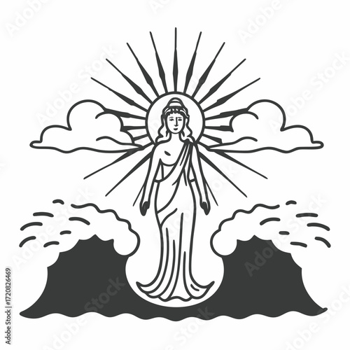 Goddess rising from ocean waves with radiant sun and clouds in background, divine and serene expression