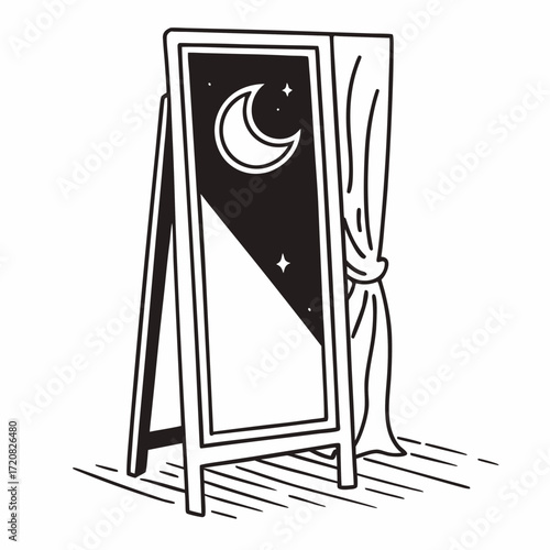 Mirror reflecting crescent moon and stars with curtain in minimal black and white style