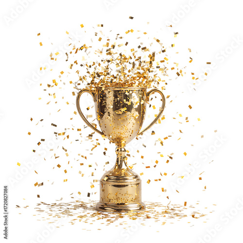 Golden trophy surrounded by falling confetti isolated on transparent background