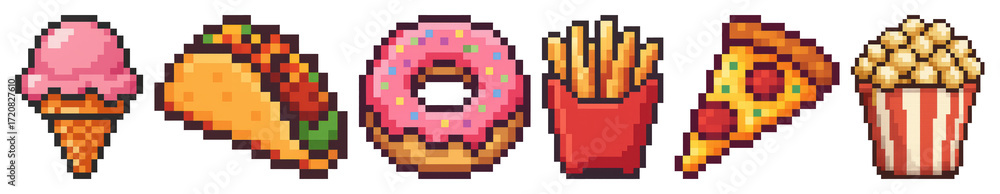 Obraz premium PNG Colorful pixelated fast food icons, element set on transparent background