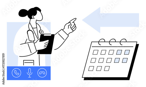 Female doctor with clipboard gestures towards calendar with highlighted dates. Includes communication icons for calls and messages. Ideal for telemedicine, scheduling, consultation, planning
