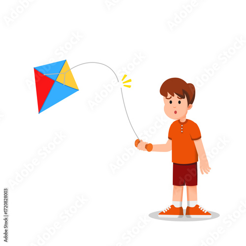 A little boy disappointed as his kite breaks
