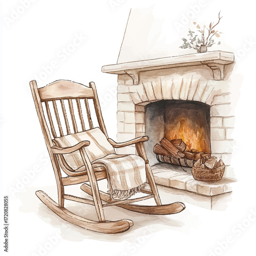 Cozy wooden rocking chair with a blanket near the fireplace.