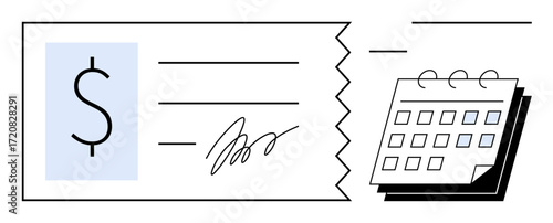 Check featuring dollar sign, signature, and calendar with marked days. Ideal for finance, banking, accounting, budgeting, time management, paycheck salary simple flat metaphor