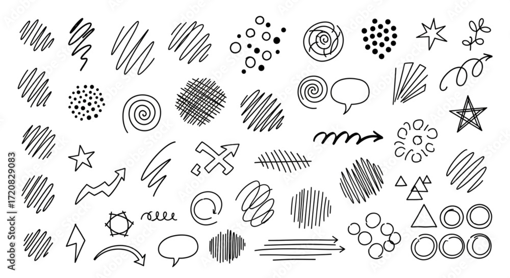 Fototapeta premium Hand-drawn set of doodle elements including scribbles, arrows, stars, and speech bubbles