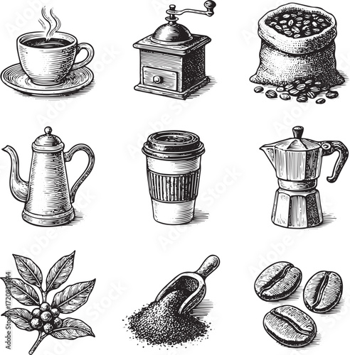 Engraving-style coffee icons: beans, cups, tools, plants in elegant black-and-white detail