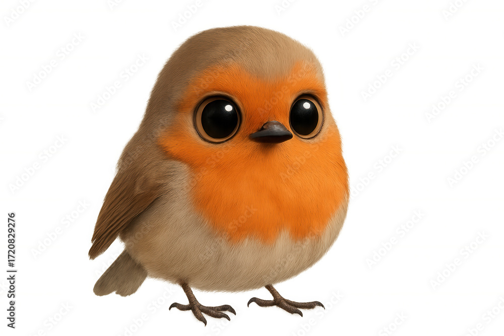 Obraz premium Cute cartoon robin looking directly at camera, friendly animated bird with fluffy feathers and big eyes