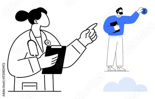 Doctor pointing with a clipboard and stethoscope beside a professional holding data representing financial progress. Ideal for healthcare advice, financial planning, teamwork, goal setting