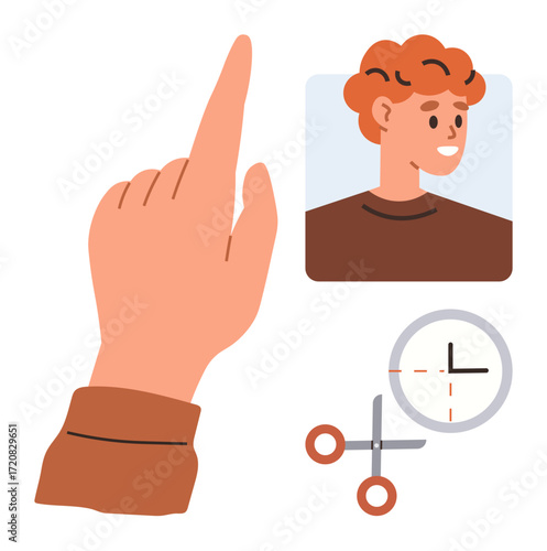 Hand pointing near a profile image, clock, and scissors. Ideal for time management, scheduling, editing, decision-making, reminder setup organization task prioritization. Simple flat metaphor