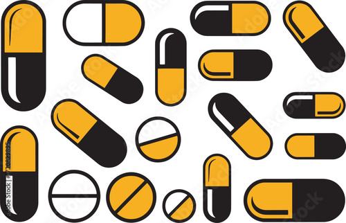Capsule and Tablet Icon Set in Black and Orange for Medical and Pharmaceutical Use