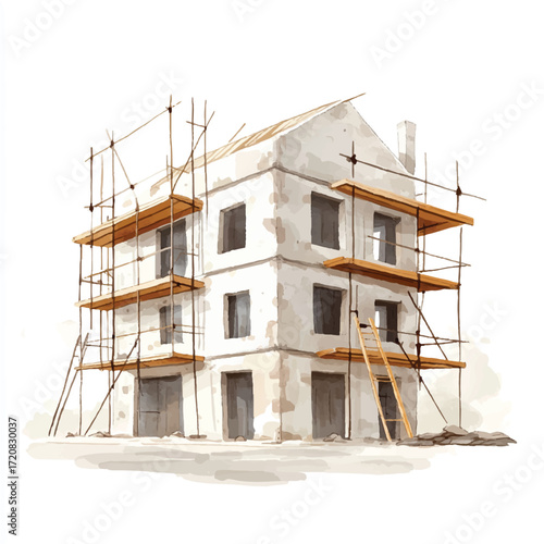 Construction of a multistory building with scaffolding.