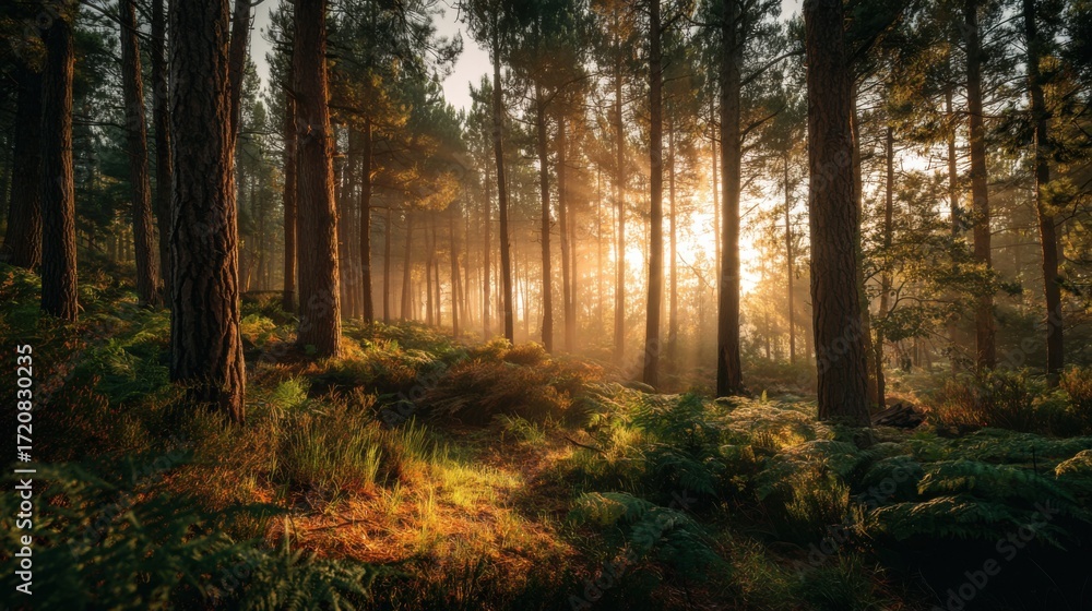 Obraz premium Sunlight gently filters through the dense tree canopy in a tranquil forest, highlighting ferns and underbrush as the day begins. Nature awakens in soothing golden light.
