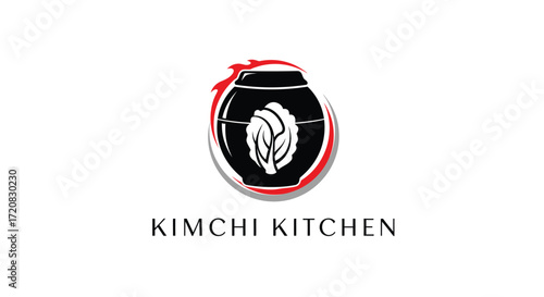 Logo for Kimchi Kitchen featuring a traditional Korean fermentation pot with a napa cabbage design and red accent.