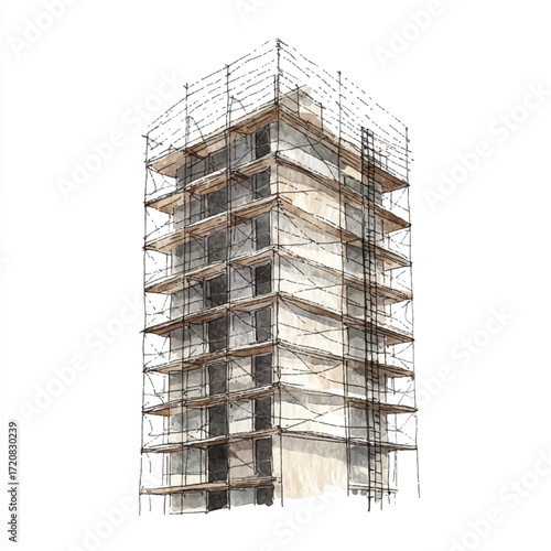 Construction site building with scaffolding and ongoing renovation work.