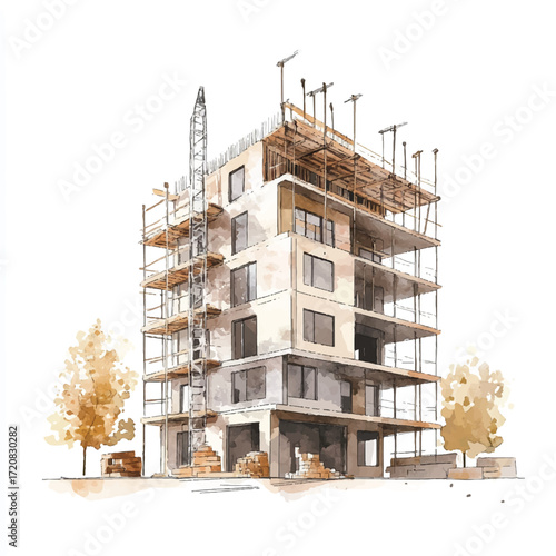 Construction site of a modern building with scaffolding and crane.