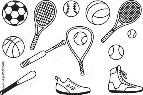 Sports Equipment Icon Set Featuring Soccer Balls, Tennis Rackets, Basketballs, and Athletic Shoes