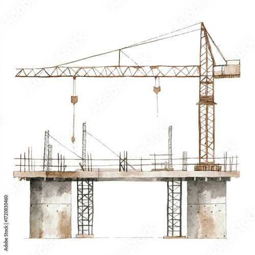 Construction site with crane and concrete structure under development.