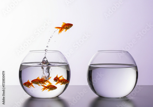 A goldfish leaps from a filled fishbowl towards an empty fishbowl, symbolizing change.