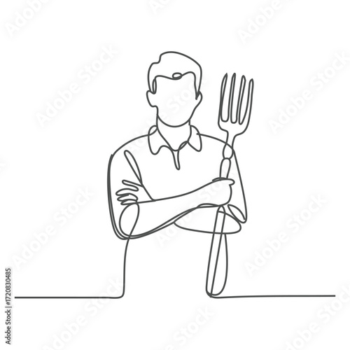 Person holding fork, linear icon. Eating activity or mealtime. Continuous one line design of kid kneading dough. Cute cooking art character. Minimalist style vector illustration on white background.