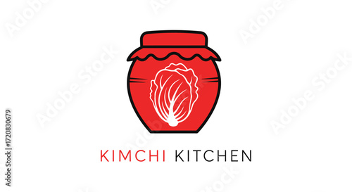 A minimalist logo for 'Kimchi Kitchen' featuring a red fermentation jar with a napa cabbage illustration.