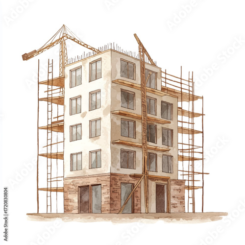 Construction site of a building with scaffolding and a crane.
