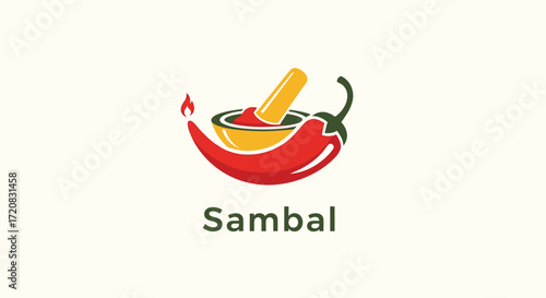 Logo design featuring a red chili pepper, mortar, and pestle with the word 'Sambal' underneath.